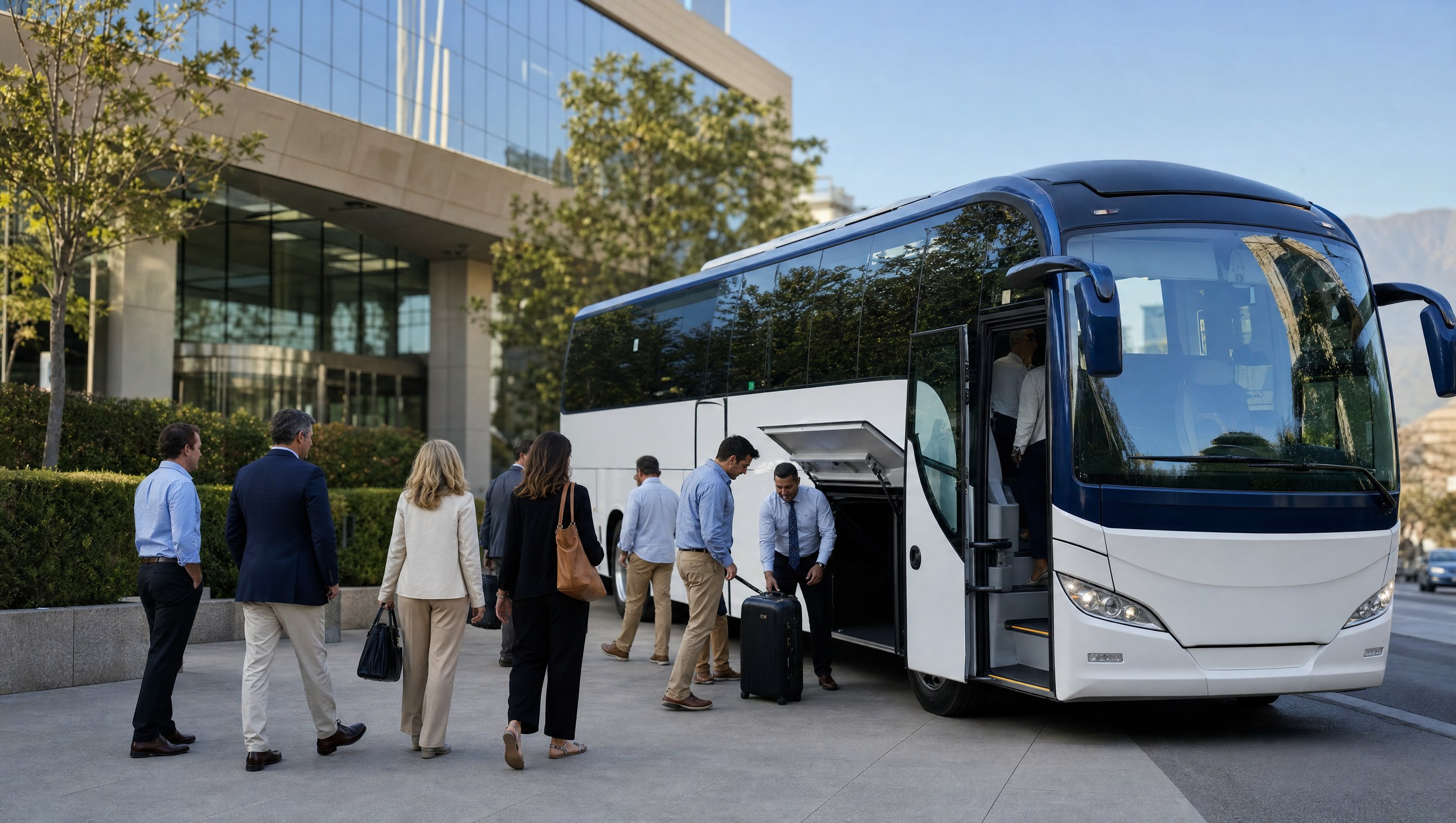 Grupo corporativo abordando bus privado moderno para traslado empresarial
